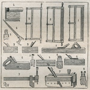 Ebanisteria: strumenti usuali, seghe e pialle. Incisione del 1885 in "Les arts et métiers illustrés" di Adolphe Bitard da French School