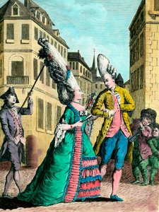 Acconciature eccentriche nel XVIII secolo: la donna francese in passeggiata. Incisione del XVIII secolo. Collezione privata.