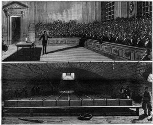 Esperimento di luce elettrica eseguito nel 1813 da Humphry Davy (1778-1829), nel suo corso di chimica alla Royal Institution di Londra (Inghilterra). Incisione in "La Nature. Revue des sciences et de ses applications aux arts et à l