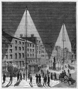 Illuminazione elettrica della città di Norwich in Inghilterra nel XIX secolo - Incisione in "Scienze alla portata di tutti - fisica e chimica popolari" di Alexis Clerc - Fine XIX secolo