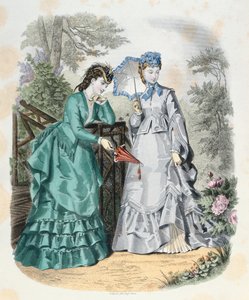 Donne eleganti in un giardino, da La Mode Illustrée, 1871 da French School