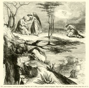 Elia nel deserto, nutrito da un angelo, Elia prostrato ascolta il Signore, Elia porta via Eliseo da French School