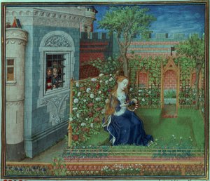Emelye nel suo giardino. I cavalieri imprigionati Palamone e Arcita, dalle Ore del Duca di Borgogna da French School