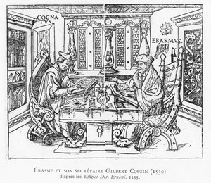 Erasmo e il suo segretario Gilbert Cousin (xilografia) da French School