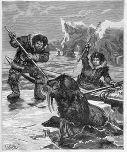 Esquimesi - pesca al tricheco - Esquimesi - pesca al tricheco nel 1888 - incisione in "Journal des Voyages" 1888 da French School