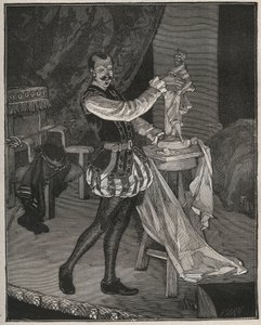 Etienne Marin Melingue (1808-1875), attore francese che interpreta lo scultore Benvenuto Cellini in "Ascanio" di Alexandre Dumas padre, adattato per il teatro da Paul Meurice. Incisione del 1880 in "Les arts et metiers illustres" di Adolphe Bitard da French School