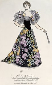 Abito da sera in damasco con broccato di crisantemi su sfondo nero, 1894 da French School