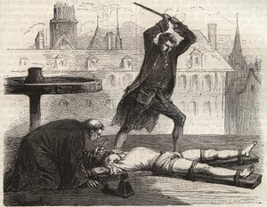Esecuzione (Le torice de la roue) del velenatore Antoine-Francois Desrues (1744-1777) sulla Place des Greves a Parigi nel 1777 - Punizione di Desrues, spezzato sulla ruota sulla Place de Greve a Parigi da French School