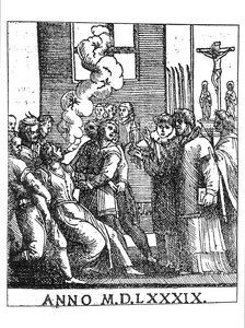 Scena di esorcismo nel 1589 da French School