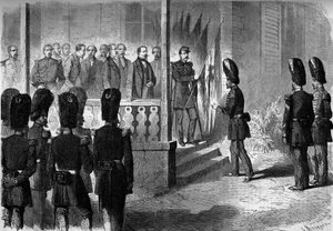 Spedizione del Messico (1861-1867): Napoleone III consegna ai sergenti dei reggimenti dei granatieri della guardia le bandiere prese dall