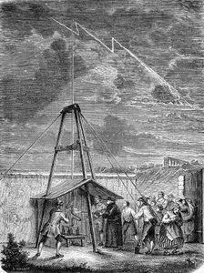 Esperimento fatto il 10 maggio 1752, da Thomas-François Dalibard (1703-1779) a Marly, prima dimostrazione della presenza di elettricità nelle nuvole temporalesche - incisione