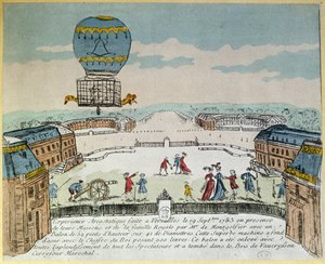 Esperimento a Versailles dei fratelli Montgolfier con il volo in una mongolfiera di un gallo, un