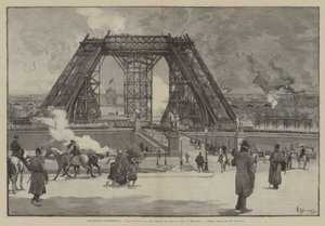 Exposition Universelle, stato attuale della Torre Eiffel, vista dal parco del Trocadero (incisione)