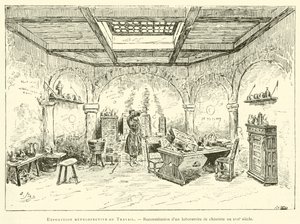 Esposizione retrospettiva del lavoro, ricostruzione di un laboratorio di chimica del XVII secolo da French School