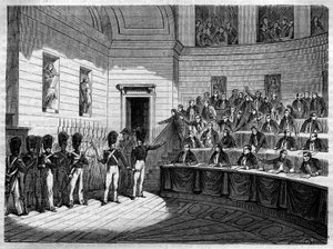 Espulsione di Jacques Antoine Manuel (1775-1827) avvocato e politico liberale francese della Camera dei Deputati. Incisione in 
