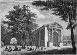Veduta esterna della sala del gioco della palma del Principe Imperiale alle Tuileries, Parigi da French School