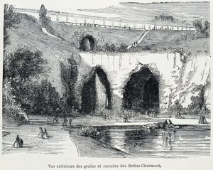 Vista esterna delle cascate e delle grotte delle Buttes Chaumont, incisione del XIX secolo da French School