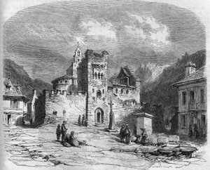 Vista esterna della chiesa di Saint Andre (chiesa dei Templari), fortificata nel XIV secolo. Luz saint saviour (Luz-Saint-Sauveur), Hautes Pyrennees (65) da French School