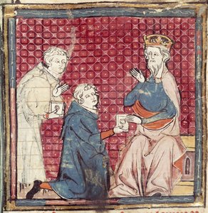 F.117r Messaggeri che raccontano a Carlo Magno della vittoria sui Saraceni, dalle Grandes Chroniques de France, 1375-79 da French School
