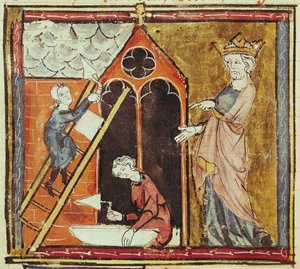 F.235v Re Luigi VI (1080-1137) che osserva la costruzione di una chiesa, dalle Grandes Chroniques de France 1375-79