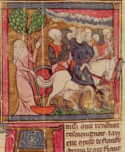 F.288r Ferdinando del Portogallo (1186-1233) Conte delle Fiandre portato prigioniero a Parigi dopo la Battaglia di Bouvines, 27 luglio 1214, Grandes Chroniques de France, 1375-79 da French School