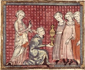 F.29r La divisione del regno alla morte di Clotario I (497-561), dalle Grandes Chroniques de France 1375-79 da French School
