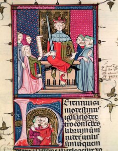 F.39r Legge coniugale, una moglie adultera che appare in tribunale, da Justiniani in Fortiatum
