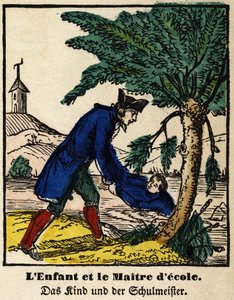 Favole di La Fontaine: il bambino e il maestro di scuola. Immagine di Epinal, prima metà del XIX secolo da French School