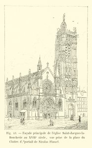 Facciata principale della chiesa Saint-Jacques-la-Boucherie nel XVII secolo, veduta presa dalla piazza del Cloitre, portale di Nicolas Flamel da French School