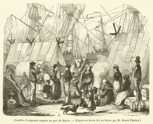 Famiglie di emigranti accampate nel porto di Le Havre (incisione) da French School