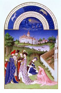 Facsimile di aprile: figure cortesi nei giardini del castello dei fratelli Limbourg, dal Très Riches Heures du Duc de Berry