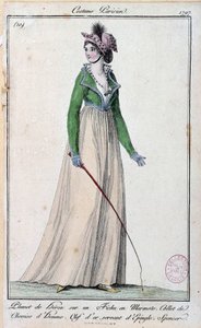 Moda femminile sotto il Direttorio: una giovane parigina elegante vestita con una piuma di airone su una marmotta, un colletto di camicia da uomo e una chiave d