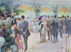 Tavola di moda raffigurante un raduno della società, 1908 da French School