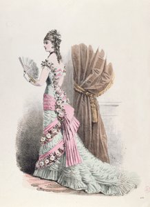 Tavola di moda di una donna in abito da sera con ventaglio, 1877 (incisione a colori) da French School