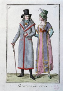 Moda sotto il Direttorio: una coppia di eleganti parigini. Litografia anonima del 1795. Parigi, museo del costume da French School