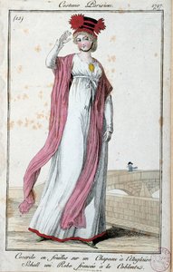 Moda sotto il Direttorio: giovane donna elegante con abito parigino: coccarda in fogli sul cappello inglese, vestito arricciato con coblentz da French School