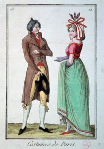 Moda sotto il Direttorio: una coppia di eleganti, la donna indossa un cappello da giardiniere. Incisione del 1795. Parigi, Museo del Costume da French School