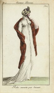 Donna alla moda con cappello di paglia, vestito e scialle da French School