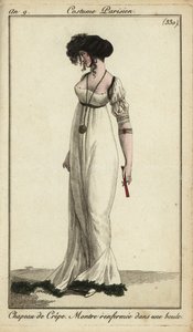 Donna alla moda o Merveilleuse con cappello di crepe da French School