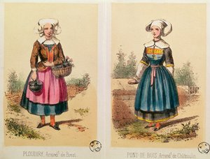 Costumi femminili di Ploudiry e Pont de Buis, da Les Costumes Bretons de Sorrieu da French School