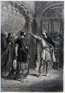 Regime feudale: "Chi ti ha fatto re?" : Audebert, Conte di Périgord, risponde insolentemente al Re Ugo Capeto che gli chiese chi lo avesse fatto conte - incisione da "Histoire de France" di Guizot