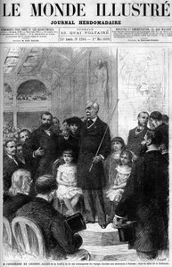 Ferdinand de Lesseps è circondato dalla sua famiglia e dai suoi compagni di viaggio, raccontando il suo viaggio a Panama nella Salle de la Sorbonne. Copertina de 