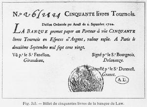Banconota francese da cinquanta sterline della Banca di Law, datata 2 settembre 1720 da French School
