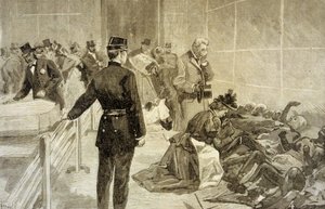Incendio al Bazar de la Charité a Parigi il 4 maggio 1897: dopo la catastrofe, famiglie che identificano le vittime al Palais de l