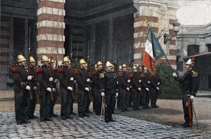 Pompieri di Parigi. Saluto alla bandiera. in "Album militare scena della vita del soldato, pompieri di Parigi" 1892 da French School