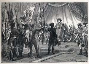 Prima coalizione: Joachim Murat (1767-1815) presenta al Direttorio Esecutivo le bandiere conquistate dall
