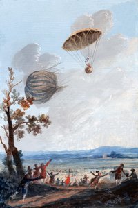 Primo uomo a scendere con il paracadute, 22 ottobre 1797, al Parc Monceau, Parigi, c.1797 da French School