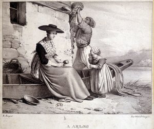 Pescatore, sua moglie in costume regionale e il loro bambino ad Arles