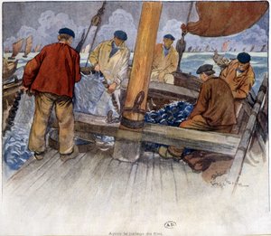 Pescatori che svuotano una rete a bordo da French School