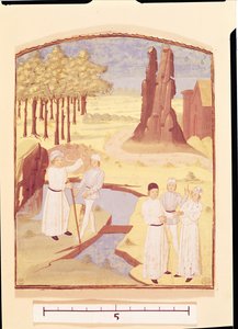 Cinque persone che discutono di progettazione di giardini, da Livre des Prouffitz Champestres di Pietro de Crescenzi